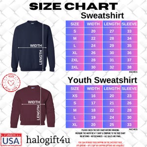 Op de afbeelding: Maattabel voor sweatshirts en jeugd-sweatshirts. De tabel toont de breedte, lengte en mouwlengte in inches voor verschillende maten, van klein tot 3XL voor volwassen sweatshirts en XS tot XL voor jeugd-sweatshirts.