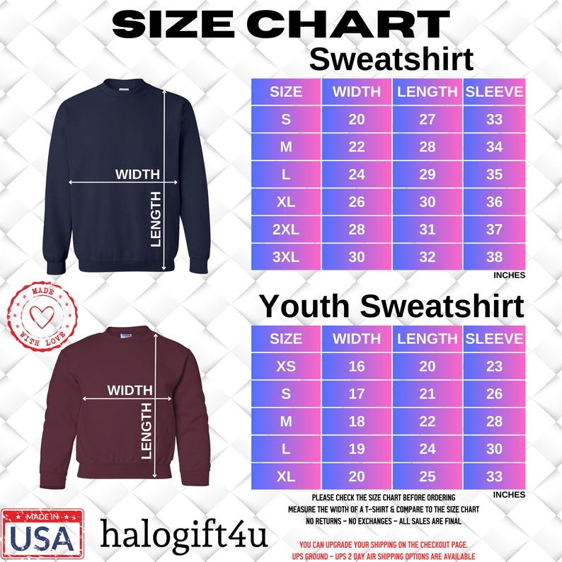 Op de afbeelding: Maattabel voor sweatshirts en jeugd-sweatshirts. De tabel toont de breedte, lengte en mouwlengte in inches voor verschillende maten, van klein tot 3XL voor volwassen sweatshirts en XS tot XL voor jeugd-sweatshirts.