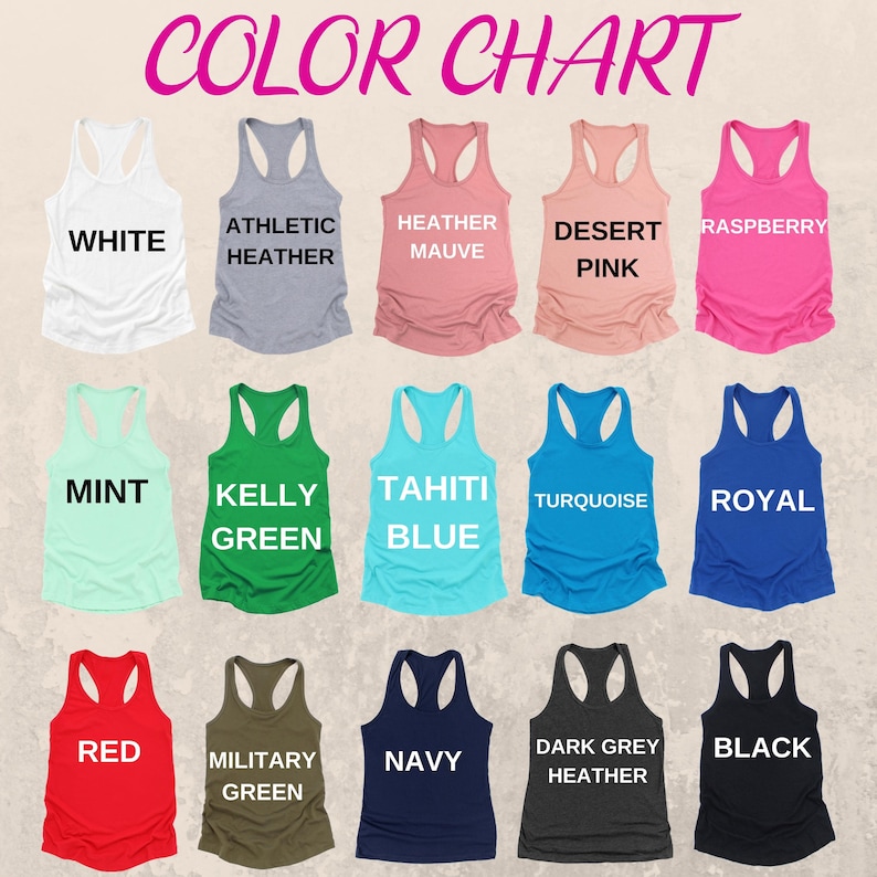 K&ouml;nnte beinhalten: Farbkarte mit 15 verschiedenen Tanktop-Farben. Die Farben sind: Wei&szlig;, Athletik-Heather, Heather-Mauve, W&uuml;stenrosa, Himbeere, Minze, Kellygr&uuml;n, Tahiti-Blau, T&uuml;rkis, Royal, Rot, Milit&auml;rgr&uuml;n, Marineblau, Dunkelgrau-Heather und Schwarz.
