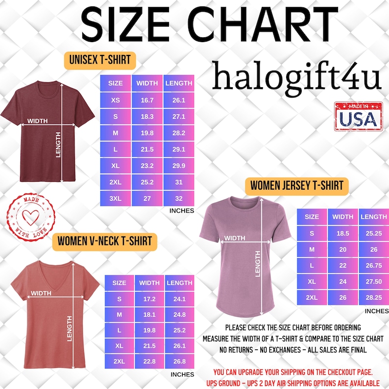 以下が含まれることがあります： ユニセックスTシャツ、レディースVネックTシャツ、レディースジャージTシャツのサイズチャート。チャートは、XSから3XLまでのサイズについて、幅と長さをインチで示しています。