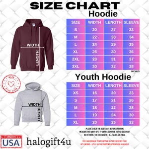 Op de afbeelding: Maattabel voor hoodies voor volwassenen en jongeren. De tabel toont de breedte, lengte en mouwlengte in inches voor elke maat. De tabel heeft een roze en witte achtergrond. De afbeelding bevat ook twee foto's van hoodies, een in bordeauxrood en een in grijs.