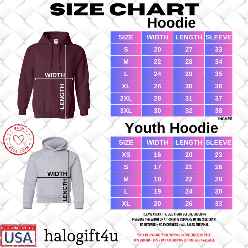 Op de afbeelding: Maattabel voor hoodies voor volwassenen en jongeren. De tabel toont de breedte, lengte en mouwlengte in inches voor elke maat. De tabel heeft een roze en witte achtergrond. De afbeelding bevat ook twee foto's van hoodies, een in bordeauxrood en een in grijs.