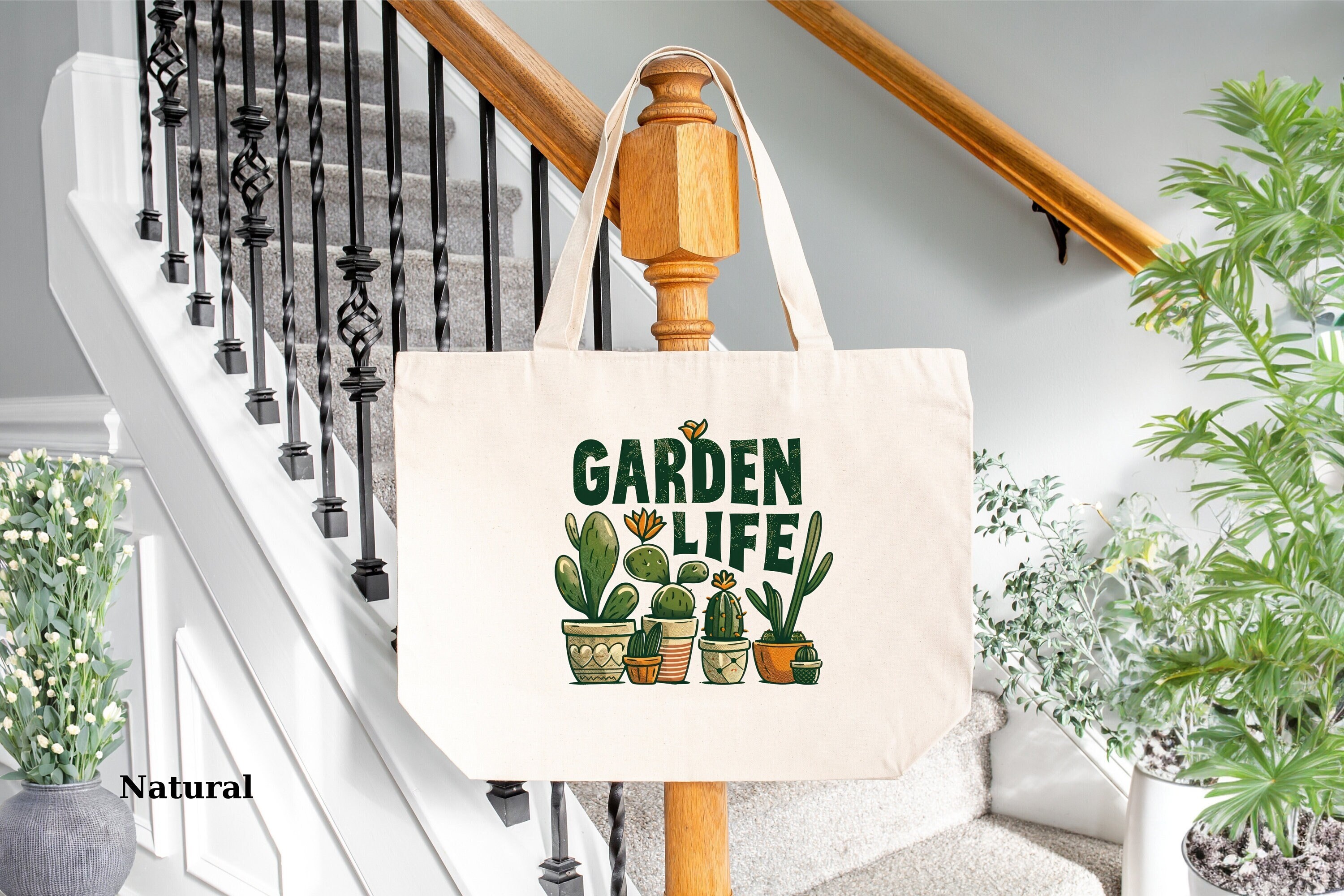 Garden Life Canvas Tote Bag, Floral Canvas Tote Bag for Plant Lovers, Botanical Garden Tote, Mothers Day Gardener Gift, Garden Shoulder Bag