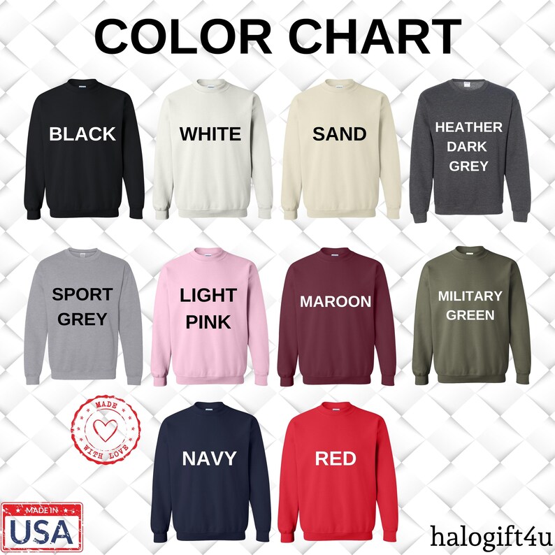 Op de afbeelding: Kleurenkaart met 12 verschillende kleuren sweatshirts. De kleuren zijn: zwart, wit, zand, donkergrijs melange, sportgrijs, lichtroze, bordeauxrood, legergroen, marineblauw, rood en een hart met de tekst "Gemaakt met liefde".