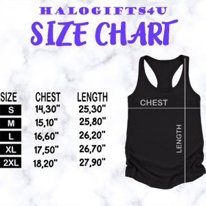 K&ouml;nnte beinhalten: Gr&ouml;&szlig;entabelle f&uuml;r ein schwarzes Tanktop mit Ma&szlig;en in Zoll f&uuml;r Brustumfang und L&auml;nge. Die Gr&ouml;&szlig;en umfassen S, M, L, XL und 2XL.