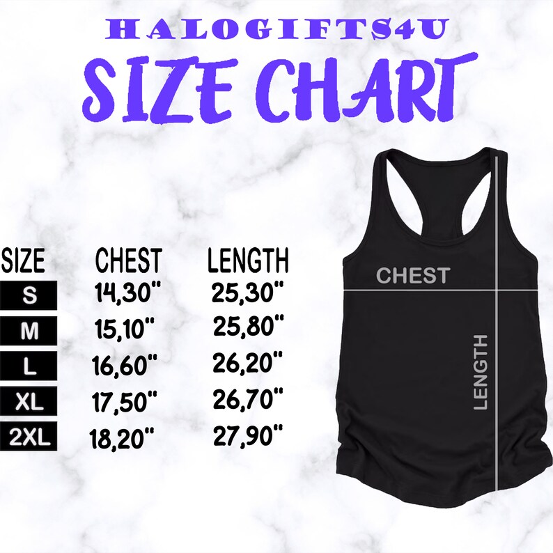 K&ouml;nnte beinhalten: Gr&ouml;&szlig;entabelle f&uuml;r ein schwarzes Tanktop mit Ma&szlig;en in Zoll f&uuml;r Brustumfang und L&auml;nge. Die Gr&ouml;&szlig;en umfassen S, M, L, XL und 2XL.