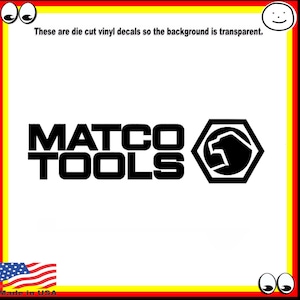 Può includere: Adesivo in vinile nero e bianco tagliato a forma di logo MATCO TOOLS con un design di aquila stilizzato. Il testo "These are die cut vinyl decals so the background is transparent." è nella parte superiore dell'immagine. Il testo "Made in USA" è nella parte inferiore dell'immagine.