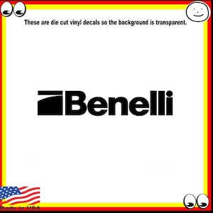 May include: Black Benelli logo vinyl decal. The text "Benelli" is in a bold, sans-serif font. The decal is die cut, meaning the background is transparent. The image also includes the text "These are die cut vinyl decals so the background is transparent" and "Made in USA".