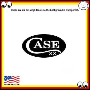 Puede incluir: Calcomanía ovalada en blanco y negro con la palabra "CASE" en blanco y "XX" debajo. El texto "Estos son calcomanías de vinilo troqueladas, por lo que el fondo es transparente" está arriba. La bandera estadounidense y "Made in USA" están en la esquina inferior izquierda.