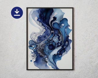 Abstract watercolor bathroom printable wall art, ai art in blue, downloadable art of indigo minimalist water painting as laundry decor