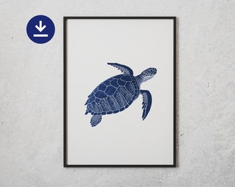 Tortuga pintura minimalista arte de pared imprimible, lino impresión animal ai arte en azul, arte descargable de serigrafía índigo con textura