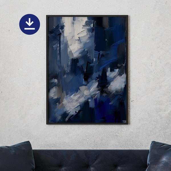 Minimalist abstract painting printable wall art, ai art in blue, downloadable art of indigo oil painting