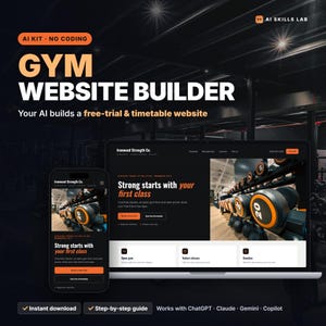 May include: A digital display showing a gym website builder interface on a laptop and smartphone. The screen features the text AI SKILLS LAB, GYM WEBSITE BUILDER, and Ironwood Strength Co. with orange and black branding elements.