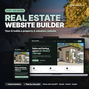 May include: A digital display showing a real estate website builder interface on a laptop and smartphone. The screen features the text AI SKILLS LAB, REAL ESTATE WEBSITE BUILDER, and Rowan & Pike, showcasing a property listing with a house image.