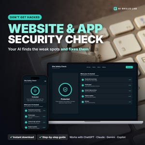 May include: A digital interface display showing a Website & App Security Check with a protected status icon. The screen features text including Don't Get Hacked, Your AI finds the weak spots and fixes them, and AI Skills Lab. A smartphone and laptop are visible.