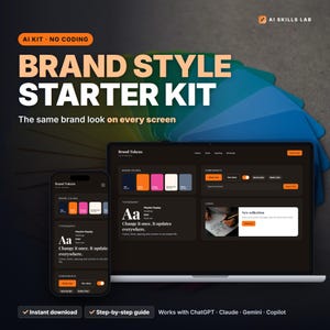 May include: A digital brand style starter kit featuring a laptop and smartphone displaying a dark-themed interface with orange accents. The text reads AI SKILLS LAB, BRAND STYLE STARTER KIT, The same brand look on every screen, and Brand Tokens.