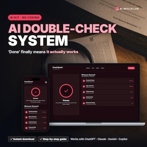 May include: A digital interface display showing an AI double-check system on a smartphone and laptop screen. The dark-themed dashboard features pink accents, checkmark icons, and text including AI SKILLS LAB, Proof Board, and Proven.