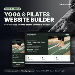 May include: A digital product display showing a Yoga & Pilates Website Builder. The screen features a laptop and smartphone interface for Juniper Yoga & Pilates, displaying text about slow classes, a timetable, and booking options.