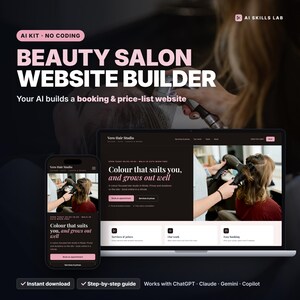 May include: A digital product display featuring a laptop and smartphone showing a website for Vero Hair Studio. The text reads AI KIT NO CODING BEAUTY SALON WEBSITE BUILDER. Your AI builds a booking & price-list website. Instant download, Step-by-step guide.