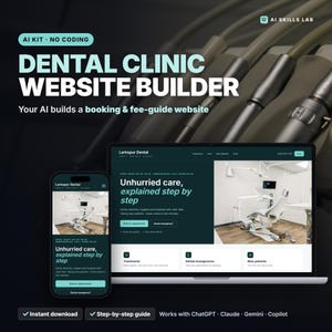 May include: A digital marketing graphic for a dental clinic website builder featuring a laptop and smartphone displaying a Larkspur Dental website. The text reads AI SKILLS LAB, DENTAL CLINIC WEBSITE BUILDER, and Your AI builds a booking & fee-guide website.