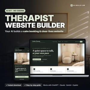 May include: A digital product display featuring a therapist website builder. The screen shows a laptop and smartphone interface for Linden Therapy with the text A quiet space to talk, at your own pace. Includes AI Skills Lab branding.