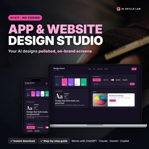 May include: A digital design kit titled AI KIT - NO CODING APP & WEBSITE DESIGN STUDIO. The interface displays a dark theme with pink accents, featuring brand color palettes, typography settings, and UI components on a smartphone and laptop screen.