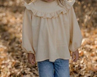 Cartamodello PDF per camicetta Aralia per bambine / Modello per camicetta con volant, taglie 1-14 anni / Top in tessuto con maniche elasticizzate / Cartamodello per principianti