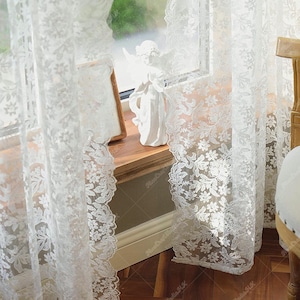 White Embroidered Sheer Curtain,Vintage Lace Drape For Bedroom, 51&quot; Width Rod Pocket Window Panel