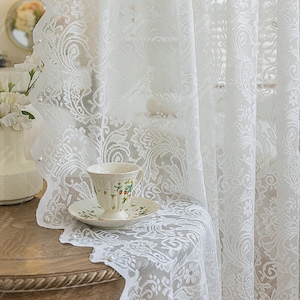 French Style Lace Curtain with Ruffled Hem, Romantic Floral Embroidered Curtain, Semi Sheer Curtains for Bedroom, Home Decor, 2 Panels