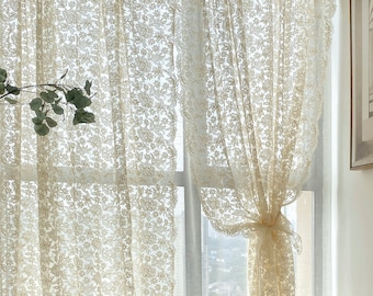 51" Width Cream-colored Short Curtain, Single-layer Leaf and Flower Patterns Curtain, Rod Pocket Curtain for Bedroom, Vintage Style Curtain