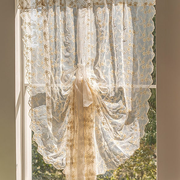 Élégant rideau beige avec motif en dentelle florale, broderies romantiques, rideaux courts à nouer, largeur réglable 51" rideau café ballon