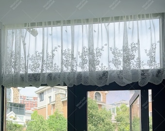 White Lace Valance Curtain, Elegant Floral Sheer Short Curtain, Romantic Floral Embroidered Door Curtain, Customizable Size