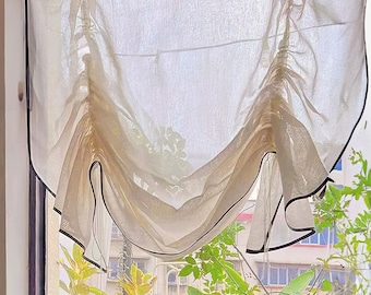 Natural Style Linen Tie-Up Curtain with Black Border Design, Breathable Door Partition Curtain, Handcrafted Adjustable Linen Pull Up Curtain