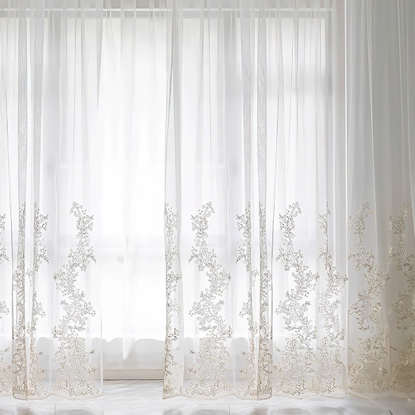 Golden Sheer Curtains | Elegant Embroidered Floral Lace Curtains For Living Room | Custom Size | 1 Panel