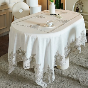 Leinen Texture Tischdecke: Vintage weiße Stickerei Blumentischdecke