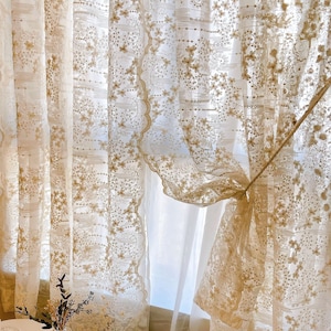 51" width Beige Floral Embroidery Lace Curtain,French Style Sheer Drapery for Home Decor, , Romantic Light Filtering Curtains, Customizable