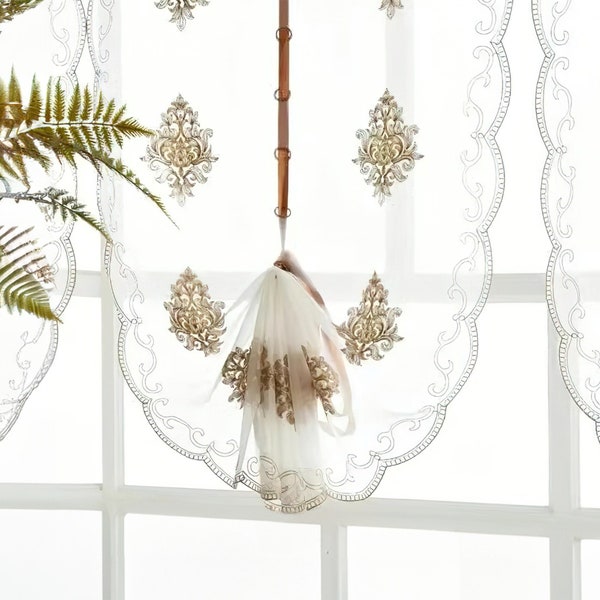 White Embroided Tie Up Curtain | European Style Adjustable  Sheer Pull Up Curtains | Balloon Cafe Curtain