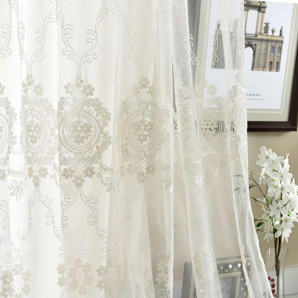 White Delicate Lace Sheer Curtain | French Style Floral Embroidered Curtains | Boho Semi Sheer Curtains | Translucent Macrame Curtains