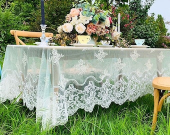 Green/White Rectangle Lace Tablecloth | French Style Dustproof Cloth for Dining Table | Floral Embroidered Tablecloth | Macrame Tablecloth