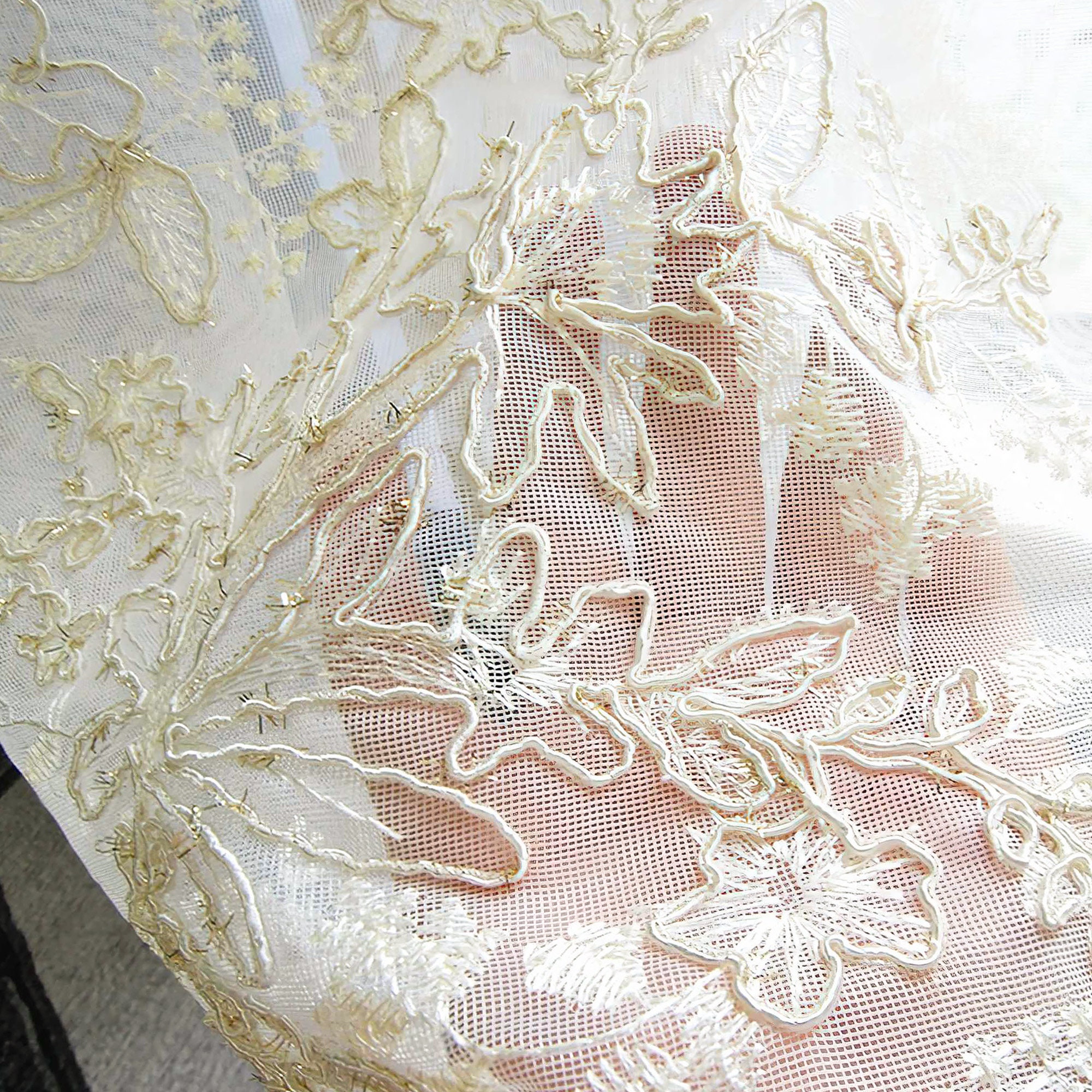 Rideau De Cuisine En Voile Transparent | Dentelle Brodée Fleurie | Passe-tringle | Blanc | Décoration Rustique