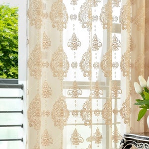 Golden Jacquard Sheer Curtain, Vintage Style Light-Filtering Curtain For Living Room,Rod Pocket Window Treatments