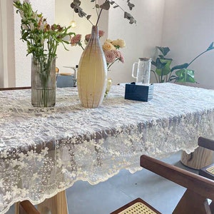 Vintage Style Lace Tablecloth, French Style Floral Embroidered Outdoor Table Decor, Elegant Handcrafted Semi Sheer Lace Tablecloth