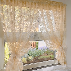 Beige Flowers Lace Curtain, Elegant Embroidery Light-Diffusing Short Window Drapery, Romantic Floral Design Short Curtain, 1 Panel