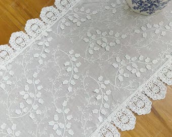Cotton Embroidered Table Runner, White Floral Scarf, Farmhouse Dining Table Decor
