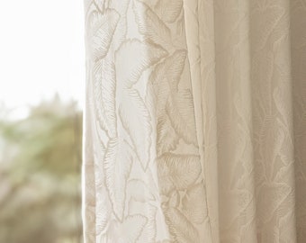 Nature Inspired Embossed Palm Leaf Curtain, Elegant Botanical Patterns Privacy Cream or White Curtains, Custom Size Light-Diffusing Drapes