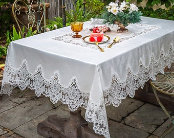 Vintage White Rectangular Tablecloth | French Style Lace Tablecloth | Hand-Embroidered Lace Tablecloth | Classic Lace Tablecloth for Wedding
