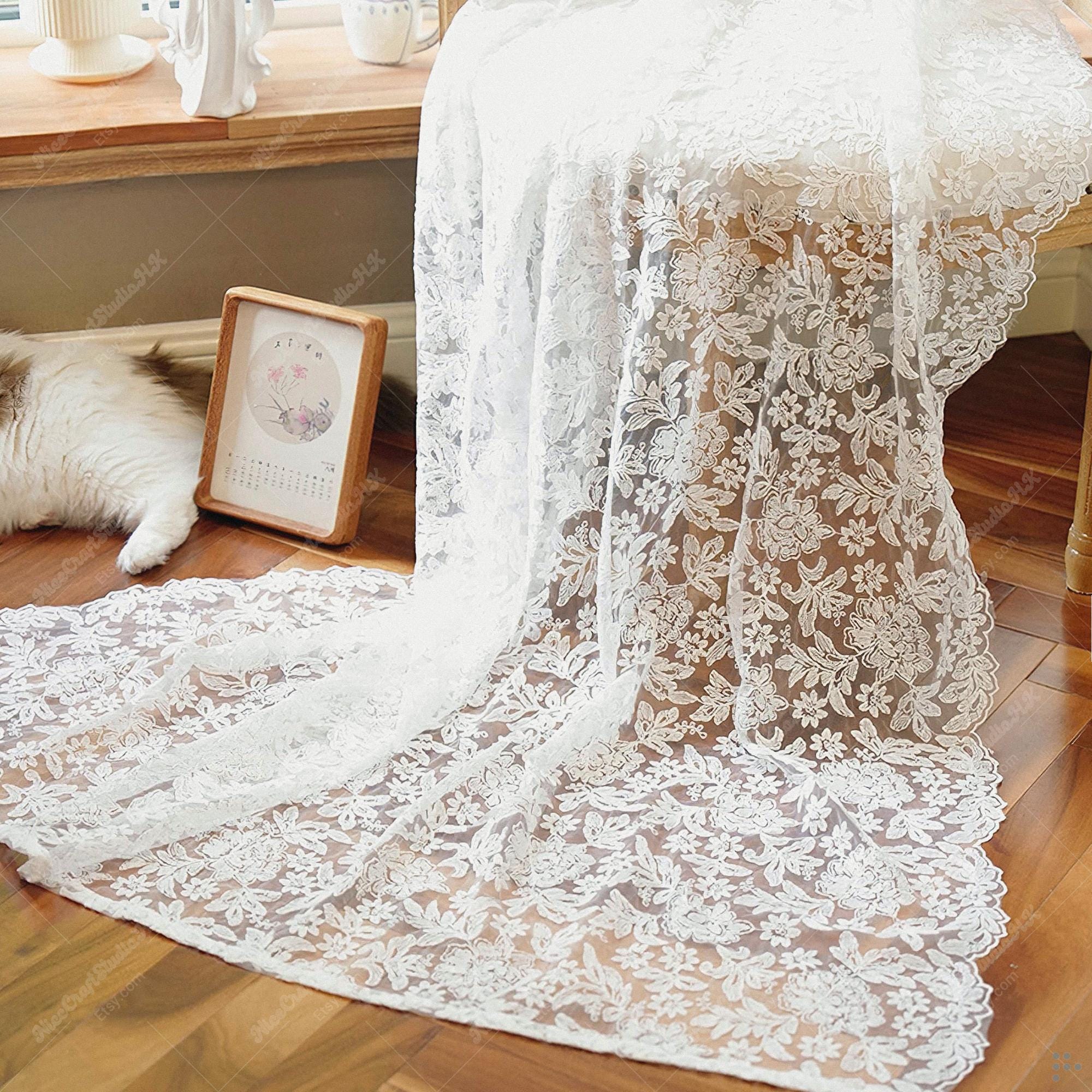 White Embroidered Sheer Curtain: Vintage Floral Lace Window Panel 