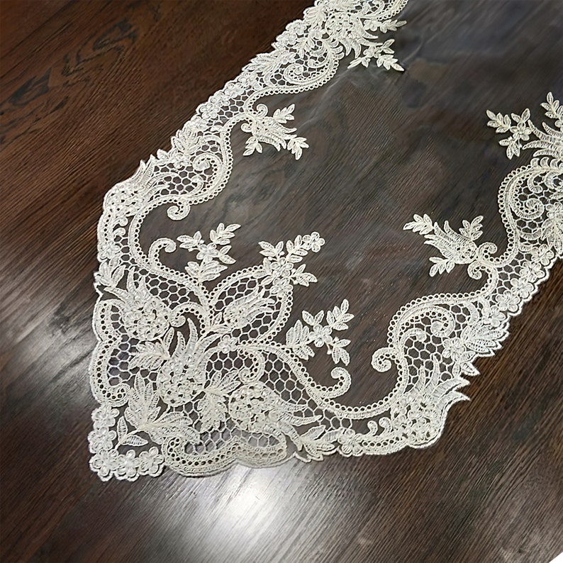 Lace Table Runner, Exquisite Embroidered Lace Table Flag, Table Cloth, Wedding Decoration, Home Decor Lace, Dining Decor Beige/ No Tassel