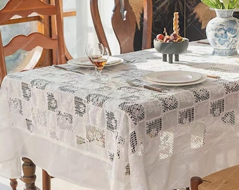 Mantel de algodón, mantel rectangular de encaje bordado, mantel de patchwork floral hueco
