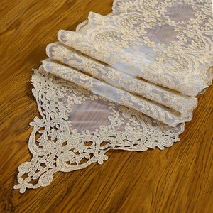 French Style Floral Embroidered Table Runner | 12&quot; Width Lace Tablecloth for Wedding | Festival Event Table Decor | Sheer Lace Table Runner